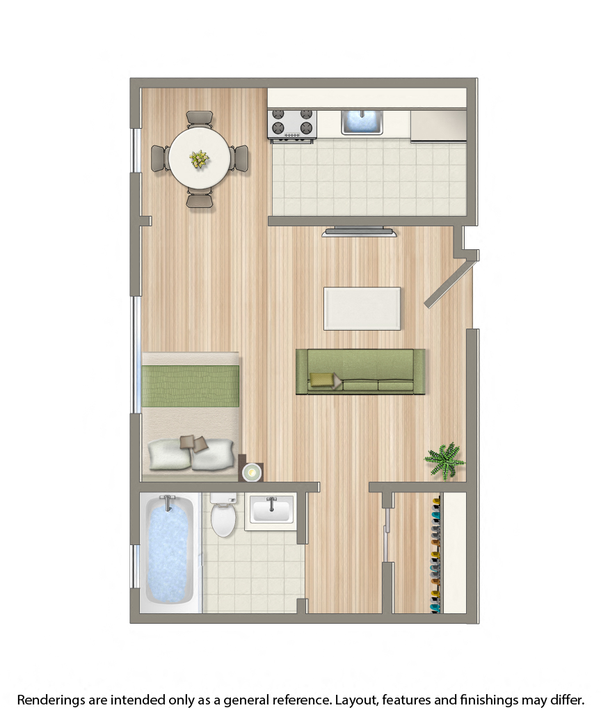 Floor plan for studio, 1 bath, 500 sqft